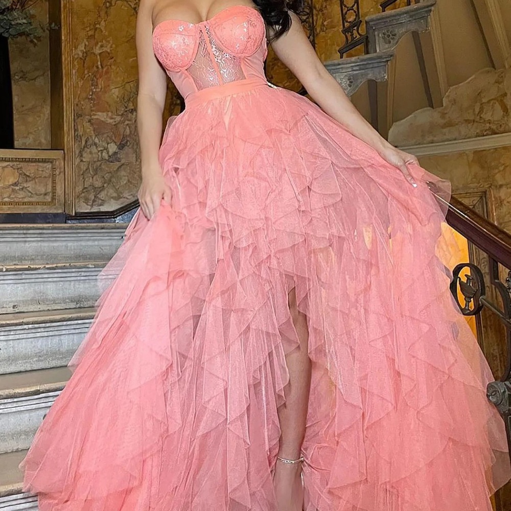 Coral strapless corset long maxi dress with lace ruffles